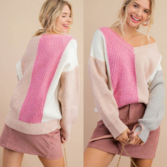 Ice Queen Pink Coloblock V Neck Sweater - Picture 5 of 8